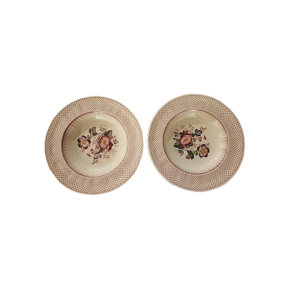 PAIR-Mason's Paynsley Pink 9in Rimmed Soup Bowls Ironstone England Chintzware